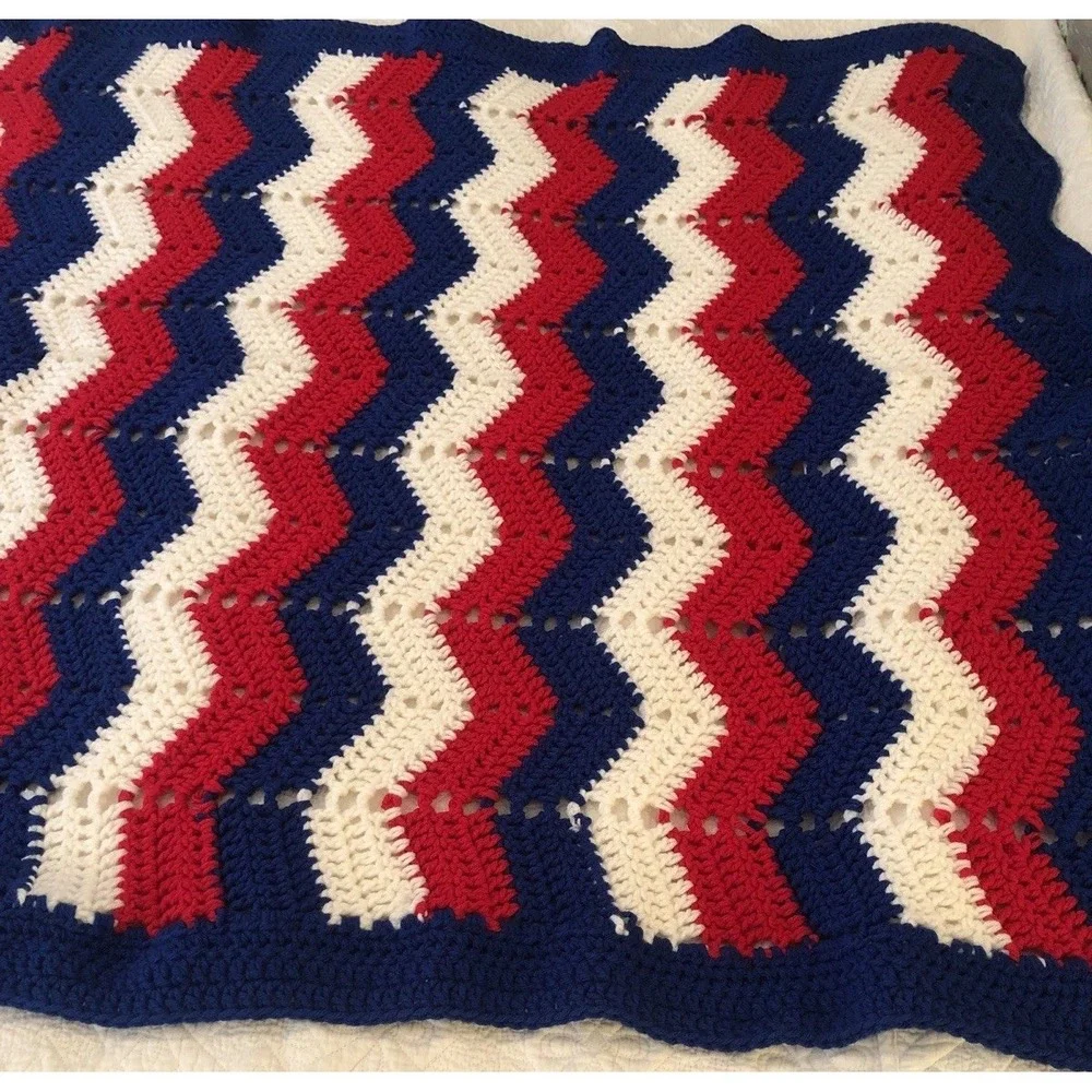 Granny Blanket Crochet Red White Blue Patriotic Americana Handmade Throw 32 X38